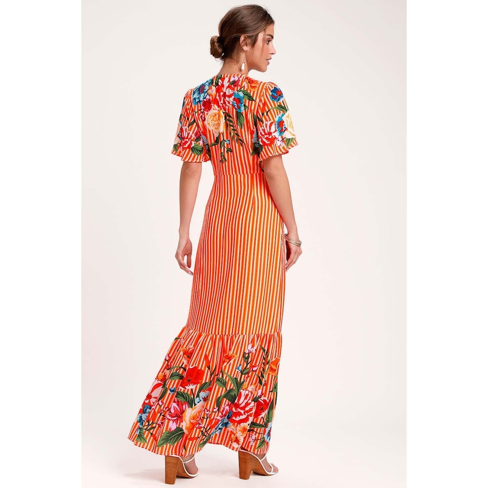 Lulu's Roam the Riviera Orange Multi Striped Button-Up Maxi Dress Size Small EUC - Picture 2 of 15